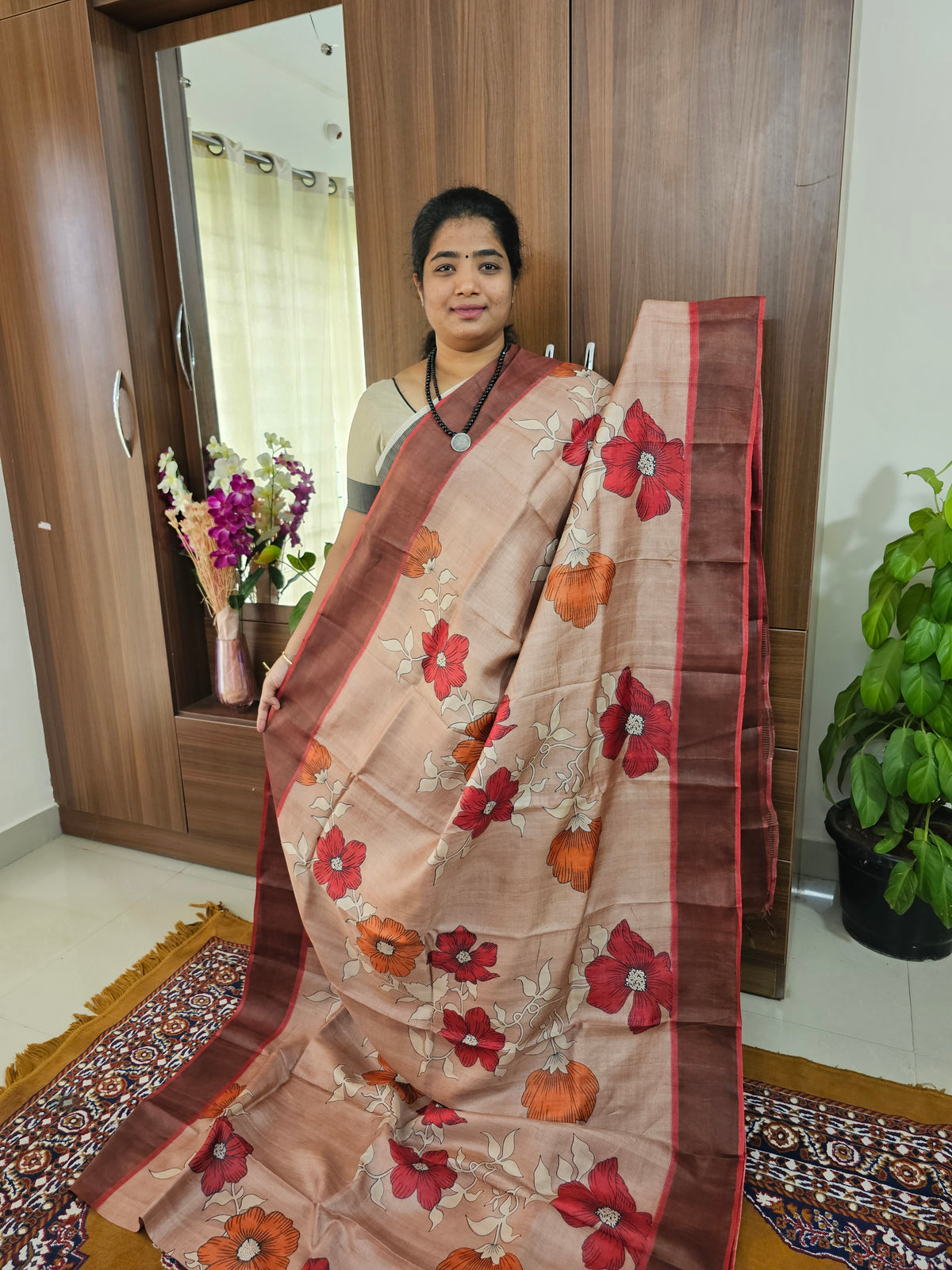 Beige with Red Handwoven Tussar Silk Saree with Zari Border