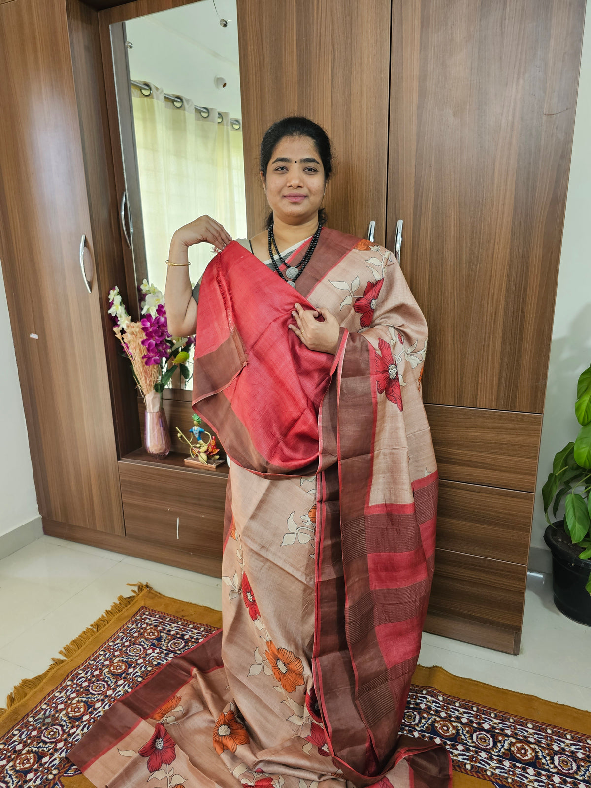 Beige with Red Handwoven Tussar Silk Saree with Zari Border