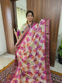 Cream with Pink Handwoven Tussar Silk Saree with Zari Border