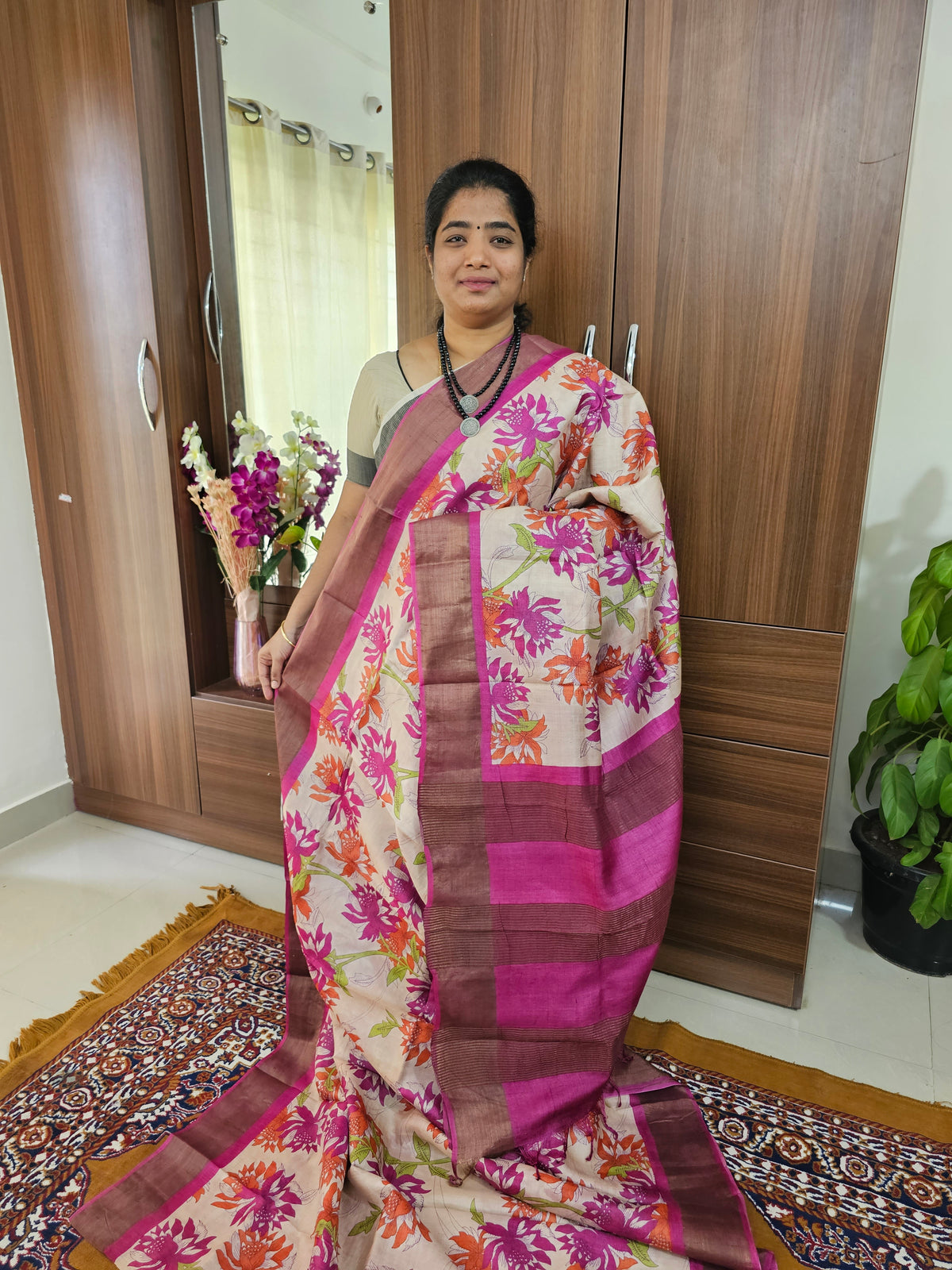 Cream with Pink Handwoven Tussar Silk Saree with Zari Border