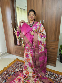 Cream with Pink Handwoven Tussar Silk Saree with Zari Border