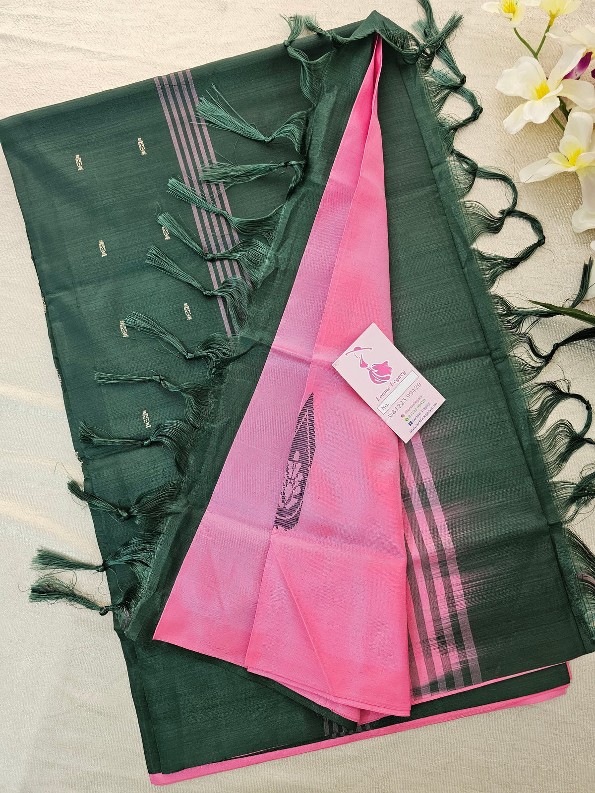 Pink with Bottle Green Pallu Handwoven Chinnalampattu Saree