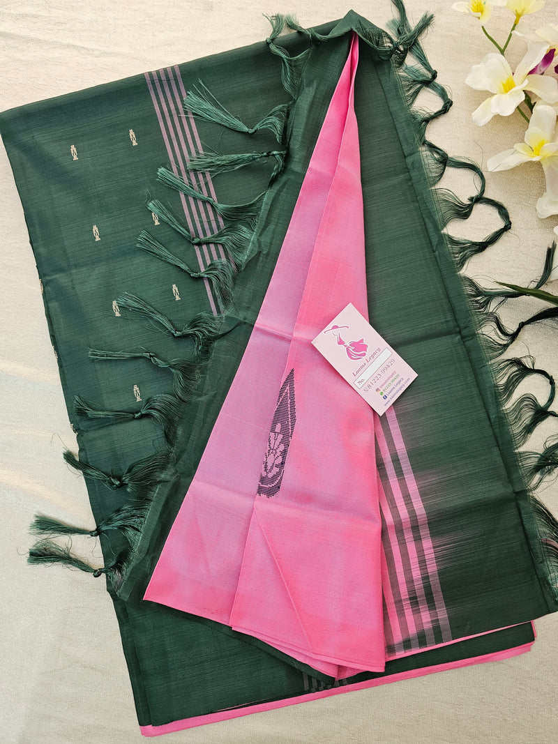 Pink with Bottle Green Pallu Handwoven Chinnalampattu Saree