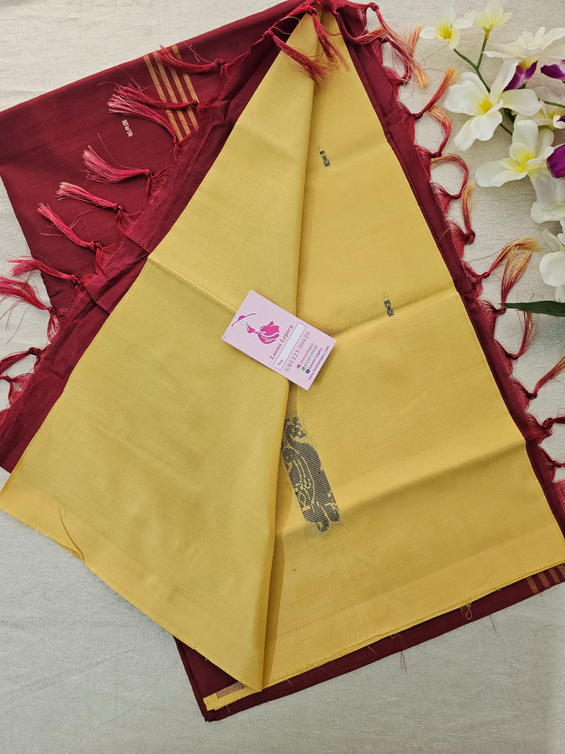 Yellow with Maroon Pallu Handwoven Chinnalampattu Saree