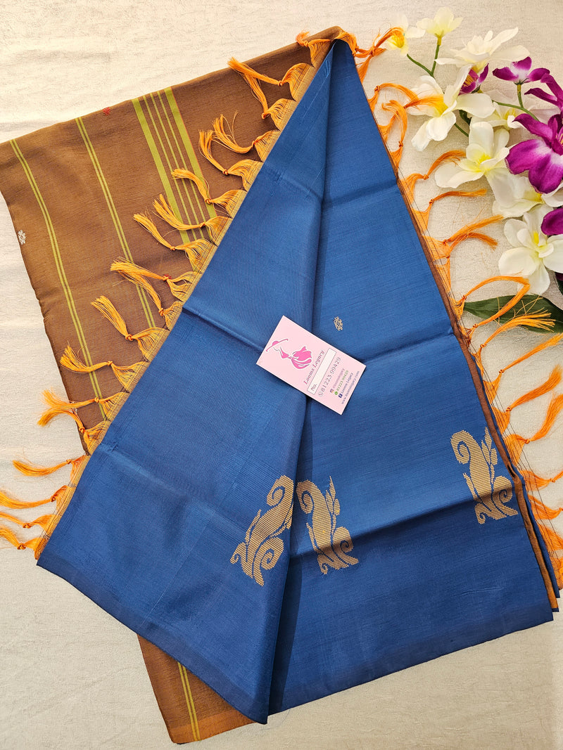 Peacock Blue with Dark Orange Pallu Handwoven Chinnalampattu Saree