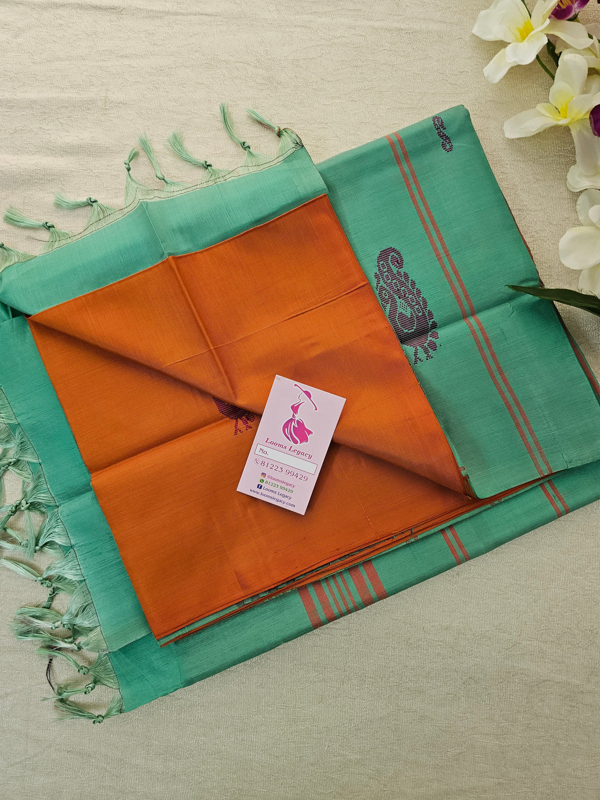 Dark Orange with Sea Green Pallu Handwoven Chinnalampattu Saree