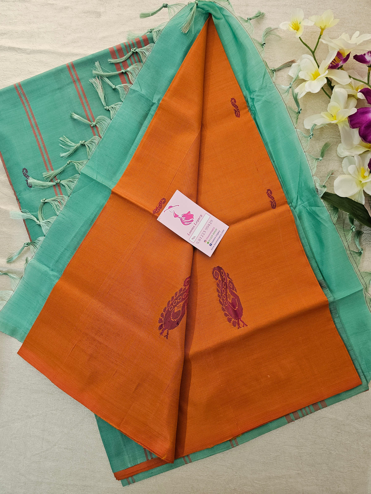 Dark Orange with Sea Green Pallu Handwoven Chinnalampattu Saree