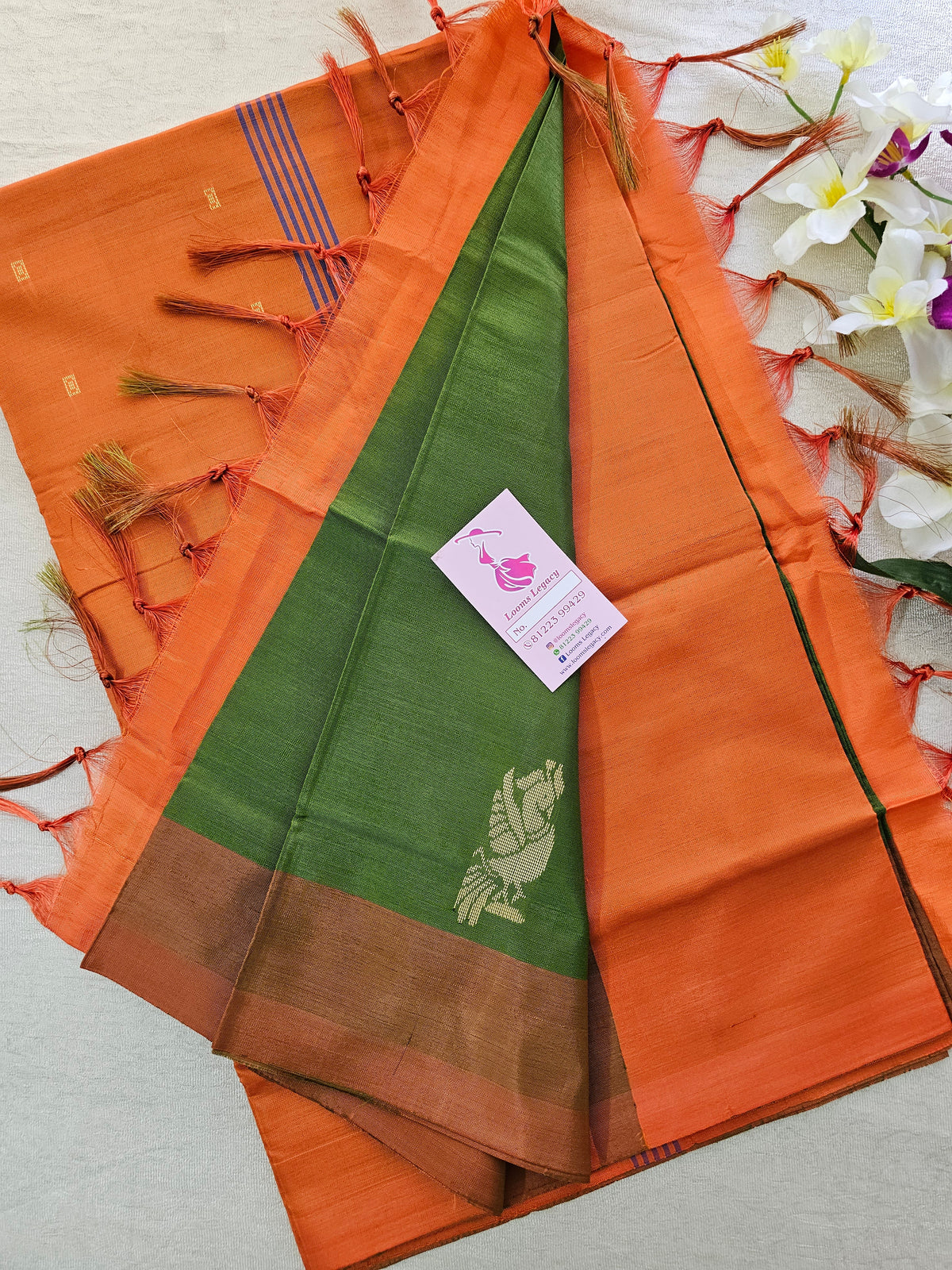 Dark Green with Orange Pallu Handwoven Chinnalampattu Saree