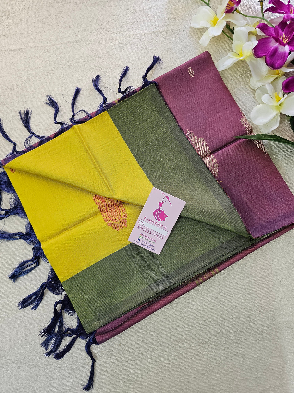 Dual Shade Yellow cum Green with Pink Pallu Handwoven Chinnalampattu Saree