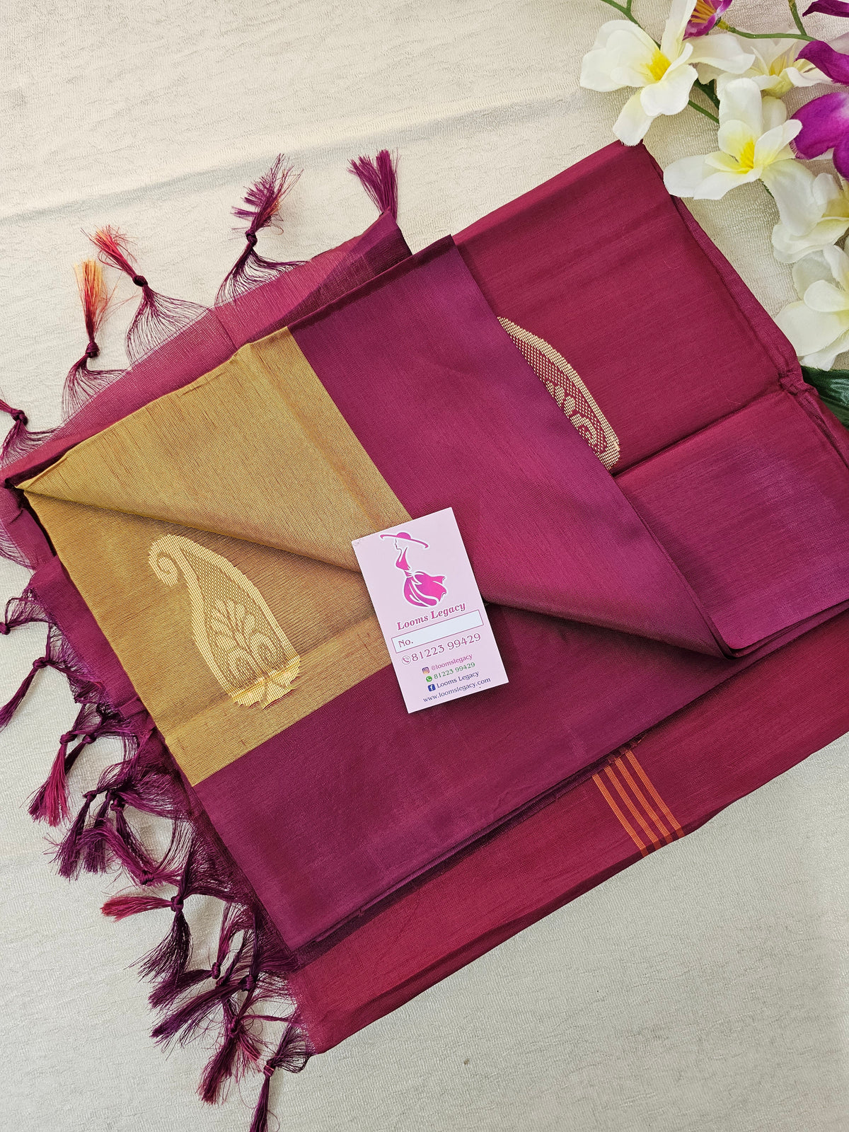 Dual Shade Mustard Yellow with Maroon  Pallu Handwoven Chinnalampattu Saree