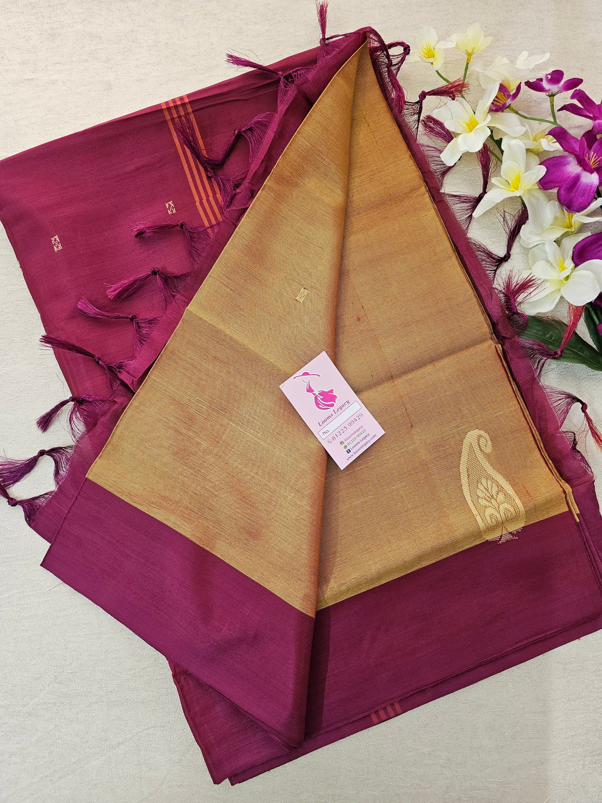 Dual Shade Mustard Yellow with Maroon  Pallu Handwoven Chinnalampattu Saree