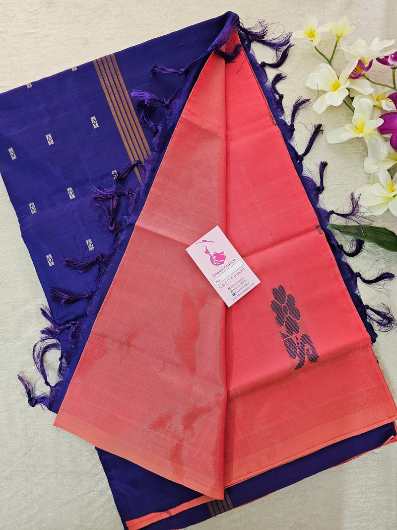 Peachish Pink with Blue  Pallu Handwoven Chinnalampattu Saree