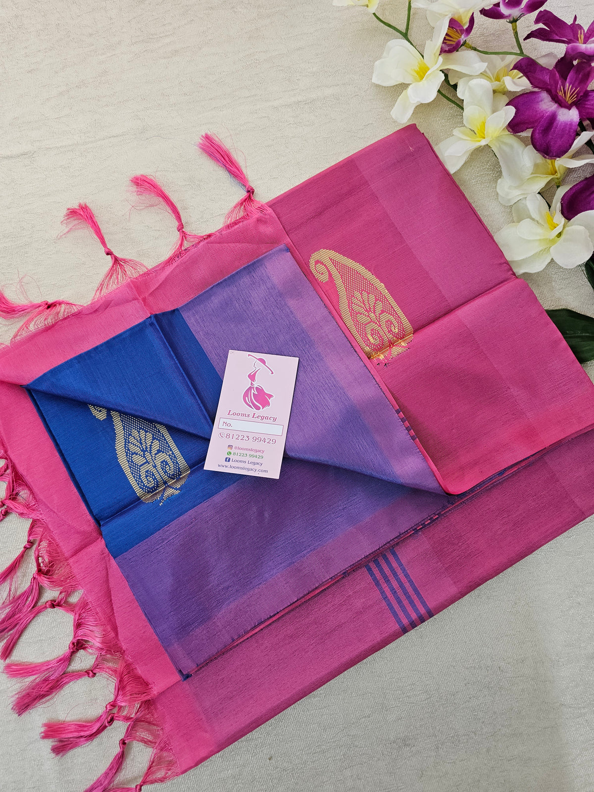 Peacock Blue with Pink Pallu Handwoven Chinnalampattu Saree