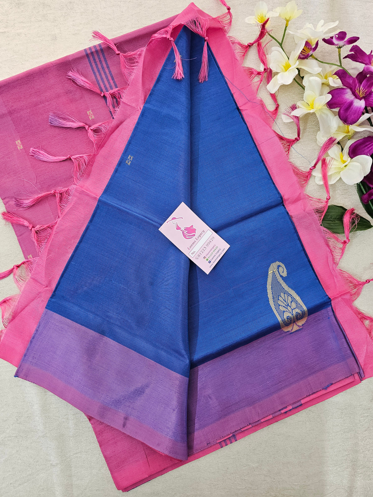 Peacock Blue with Pink Pallu Handwoven Chinnalampattu Saree