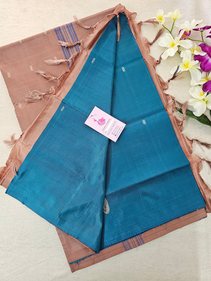 Peacock Blue with Onion Pink Pallu Handwoven Chinnalampattu Saree