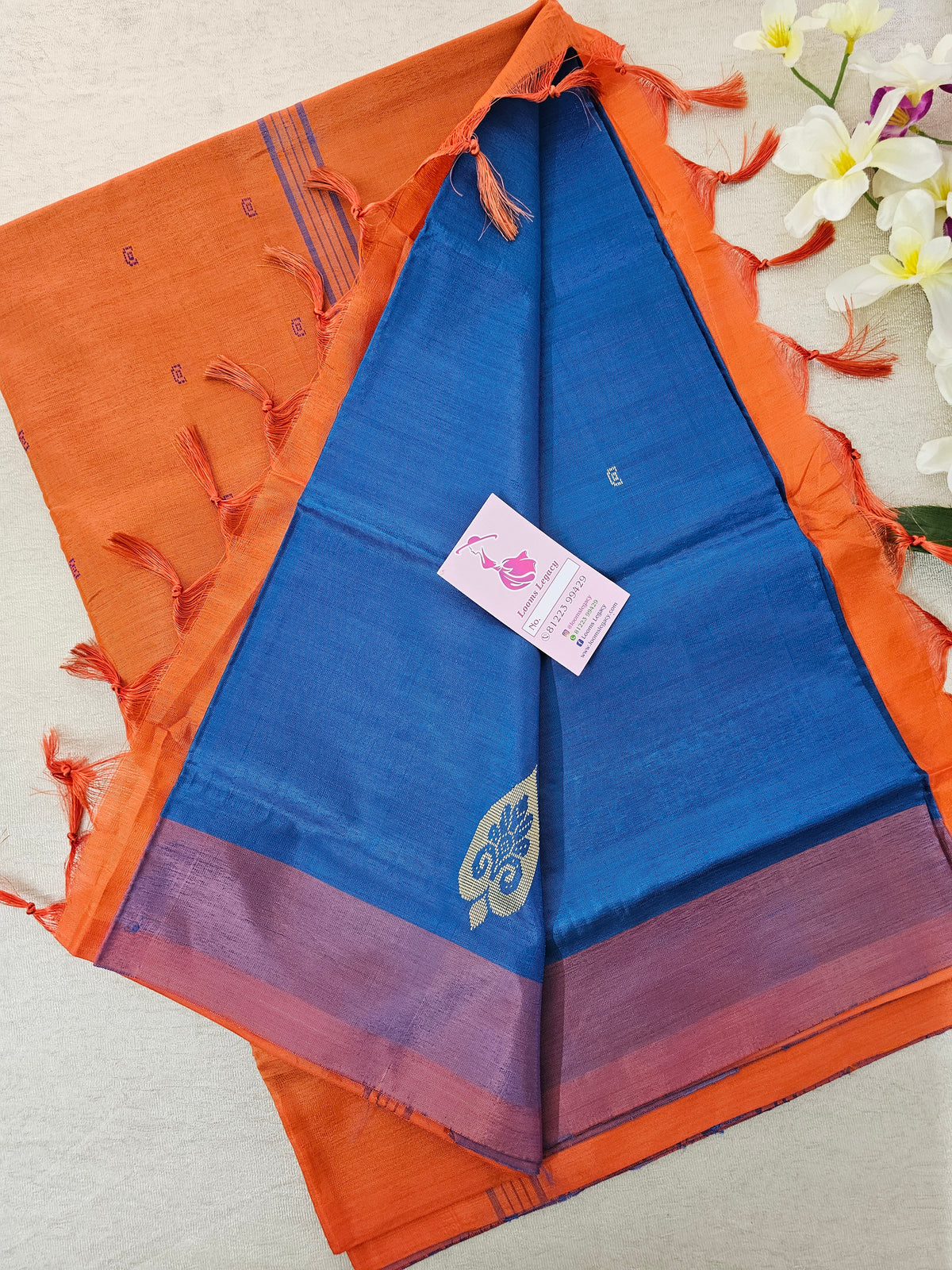 Peacock Blue with Orange Pallu Handwoven Chinnalampattu Saree