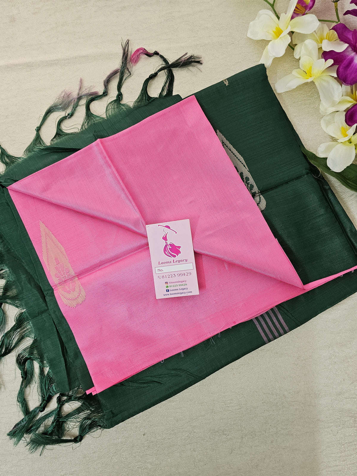 Pink with Bottle Green Pallu Handwoven Chinnalampattu Saree