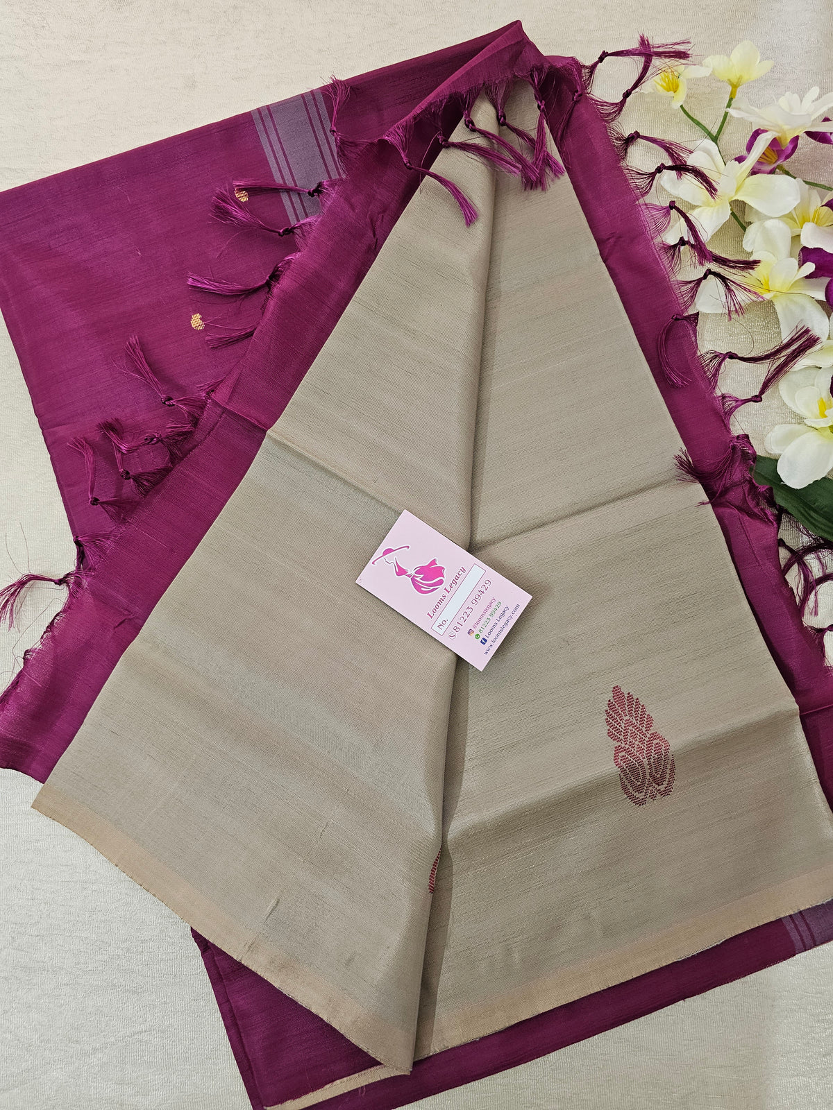 Beige with Purple Pallu Handwoven Chinnalampattu Saree