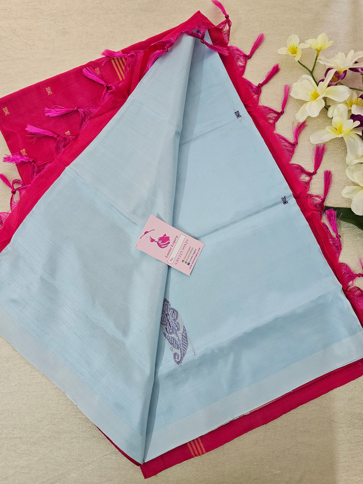 Pastel  Blue with Pink Pallu Handwoven Chinnalampattu Saree