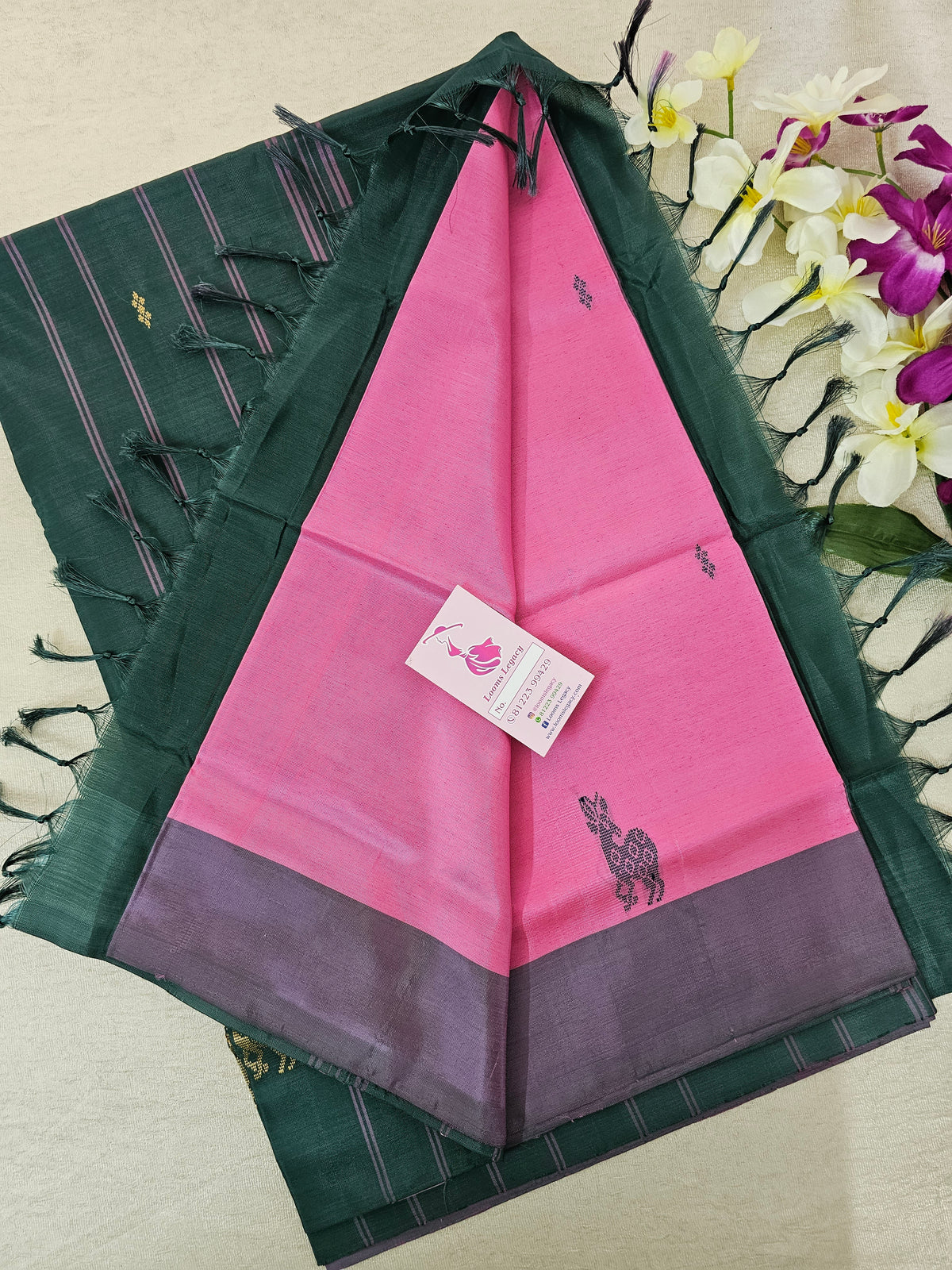 Pink with Bottle Green Pallu Handwoven Chinnalampattu Saree