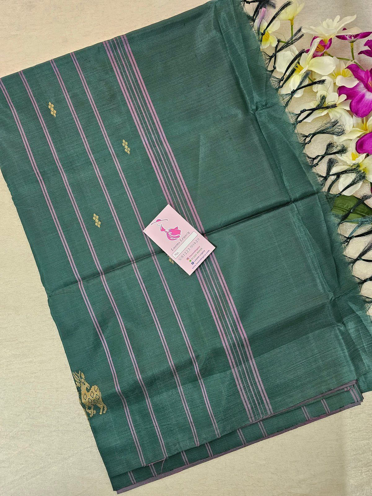 Pink with Bottle Green Pallu Handwoven Chinnalampattu Saree