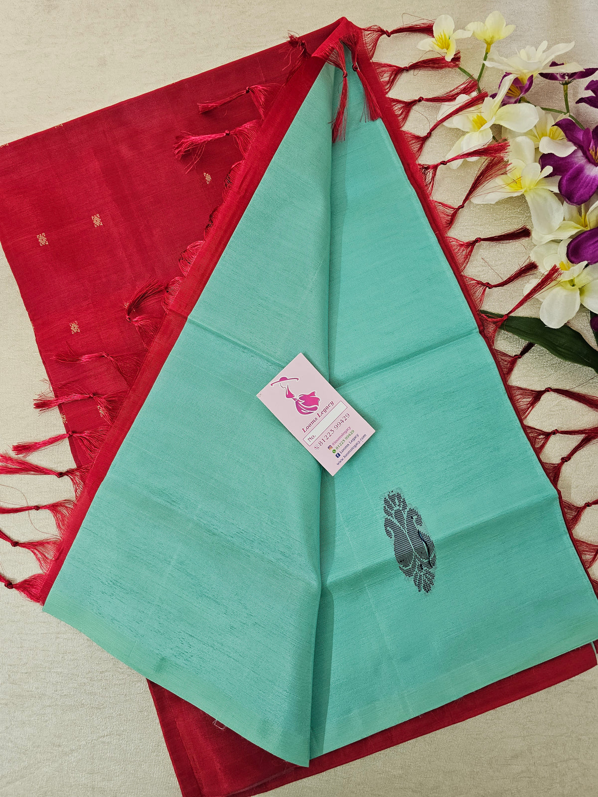 Sea Green with Red Pallu Handwoven Chinnalampattu Saree