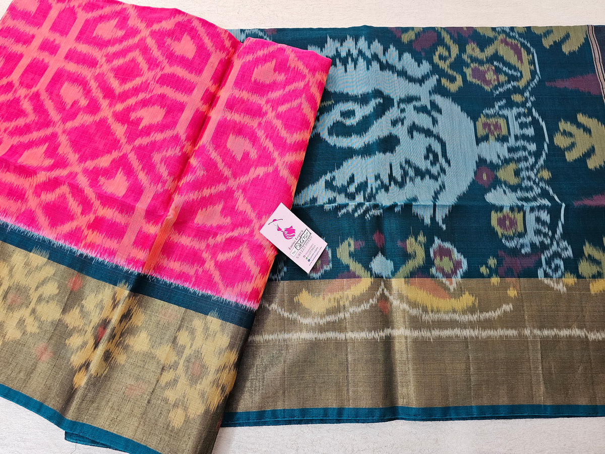 Pink with Peacock Green Pochampally Ikkat Silk Cotton (SICO Pattu)