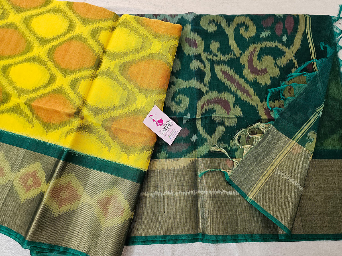 Yellow with Dark Green Pochampally Ikkat Silk Cotton (SICO Pattu)