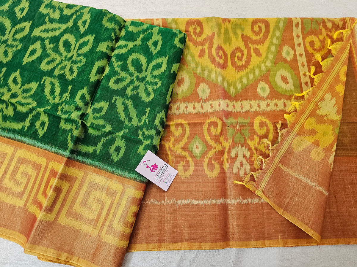 Green with Mustard Yellow Pochampally Ikkat Silk Cotton (SICO Pattu)