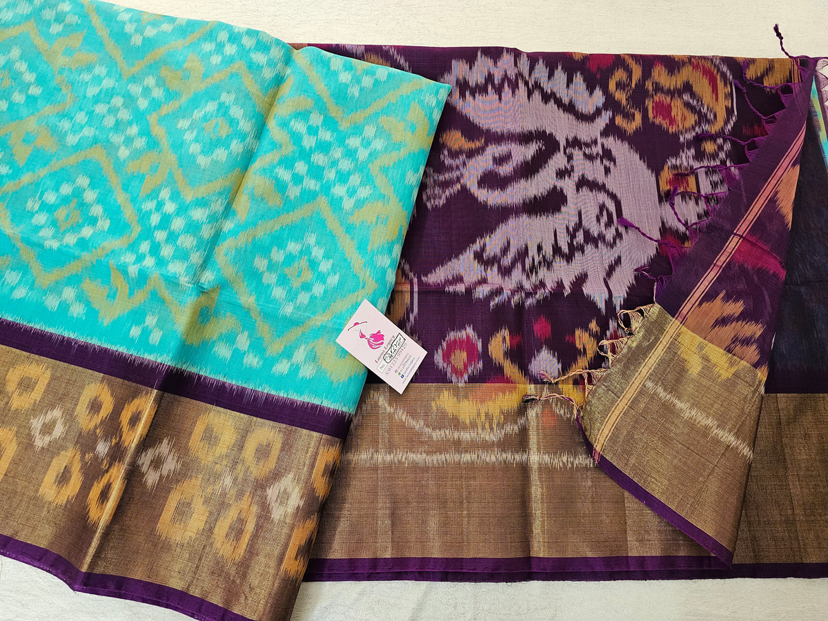 Sea Blue with Purple  Pochampally Ikkat Silk Cotton (SICO Pattu)