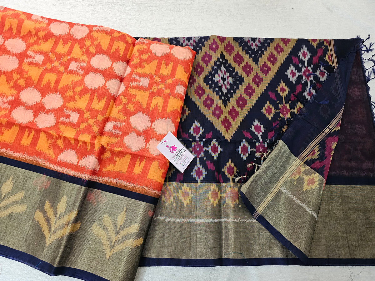 Orange with Navy Blue  Pochampally Ikkat Silk Cotton (SICO Pattu)