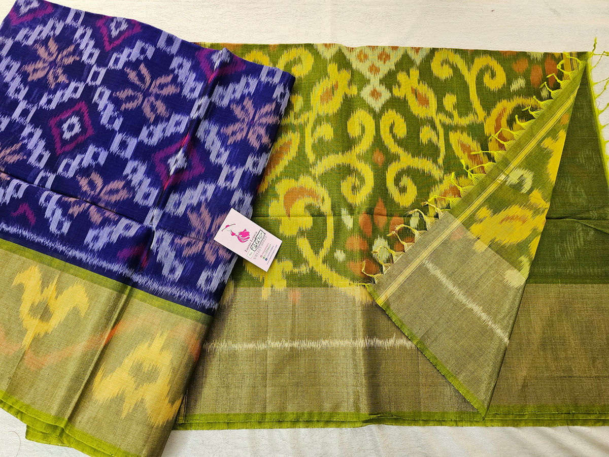 Blue with Green Pochampally Ikkat Silk Cotton (SICO Pattu)