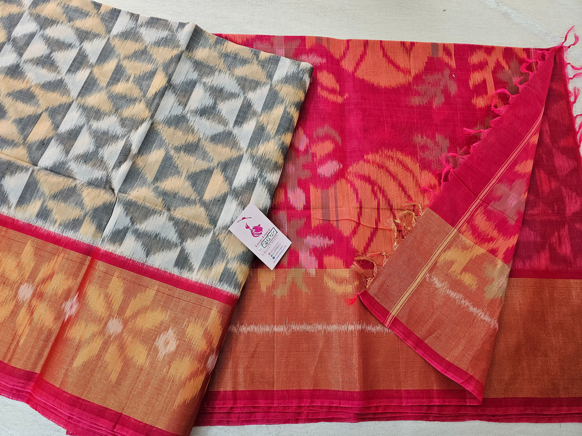 Grey with Pink Pochampally Ikkat Silk Cotton (SICO Pattu)