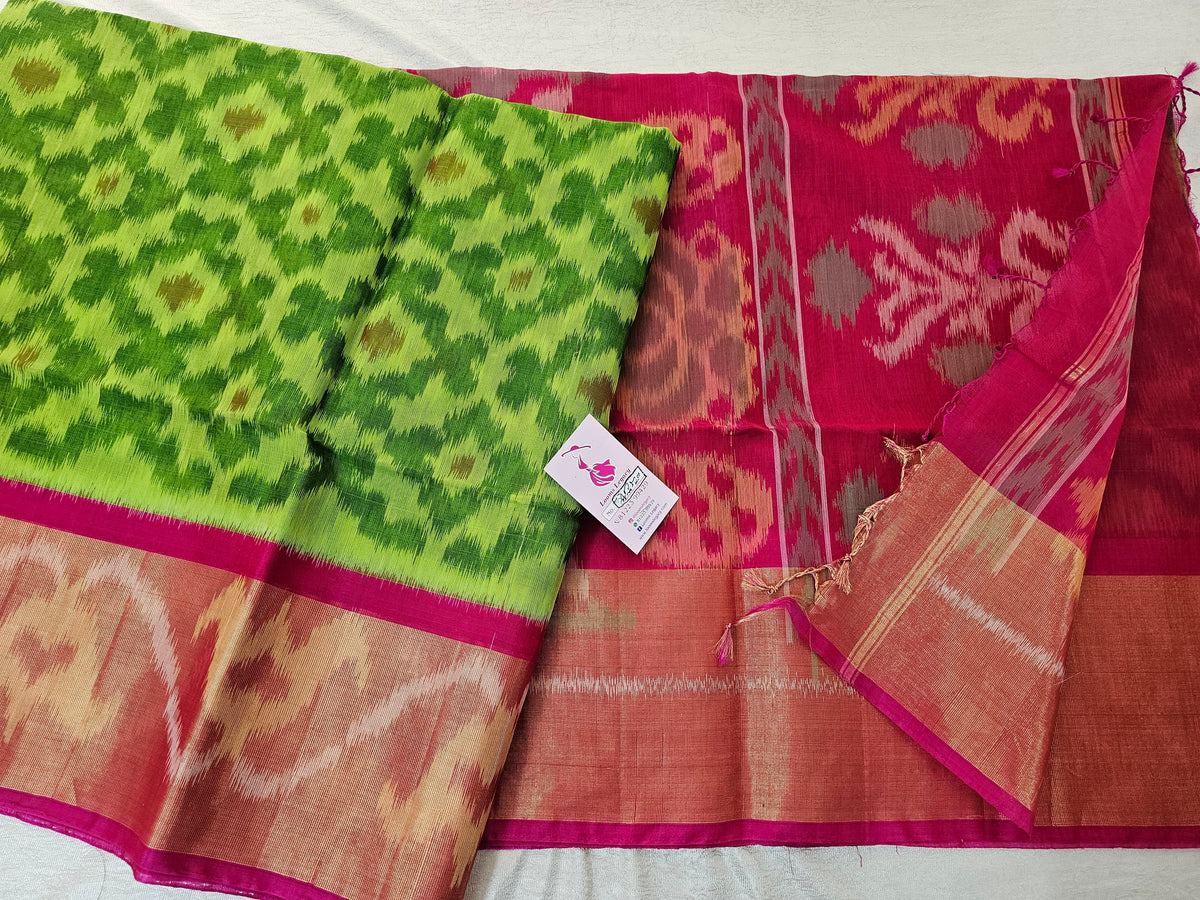 Green with Pink Pochampally Ikkat Silk Cotton (SICO Pattu)