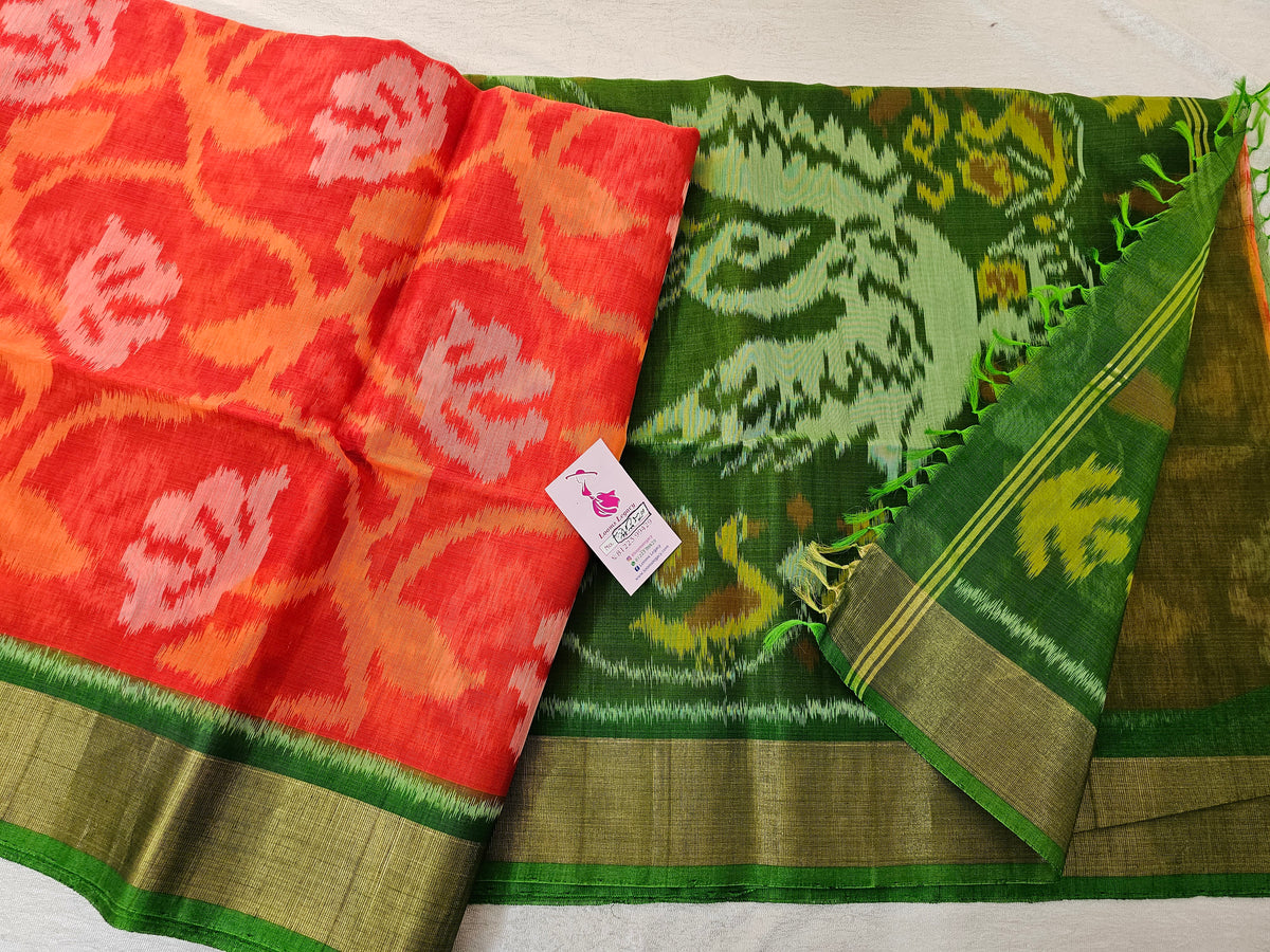 Orange with Green Pochampally Ikkat Silk Cotton (SICO Pattu)