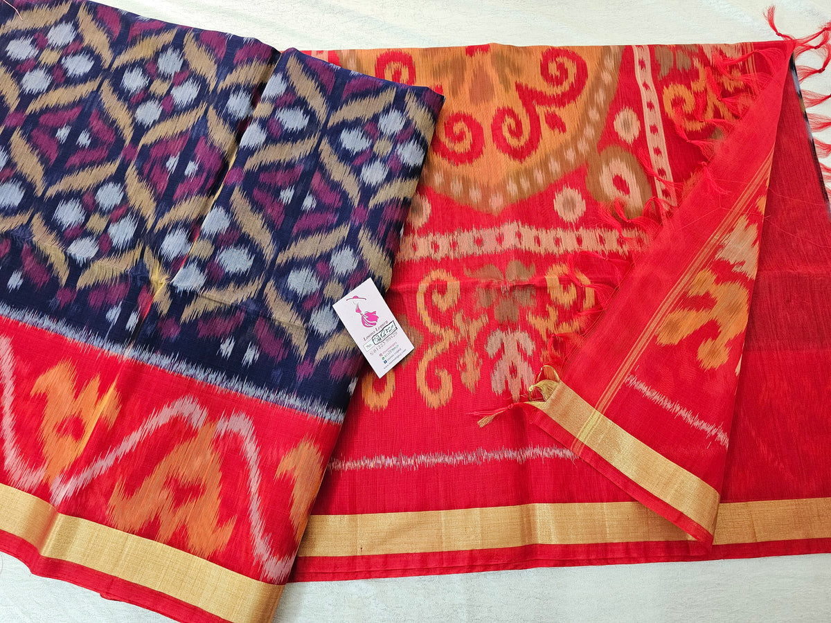 Navy Blue with Red  Pochampally Ikkat Silk Cotton (SICO Pattu)