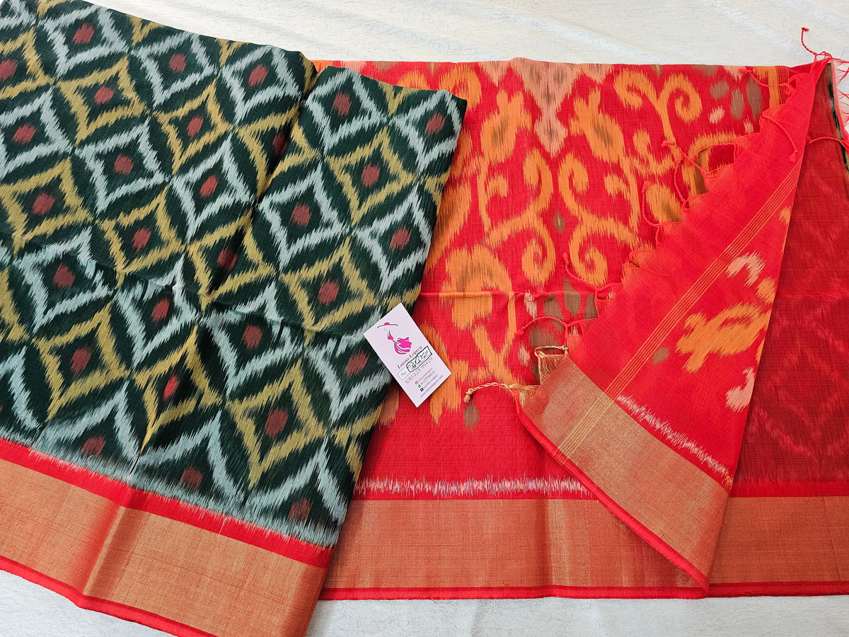 Bottle Green with Dark Orange Pochampally Ikkat Silk Cotton (SICO Pattu)