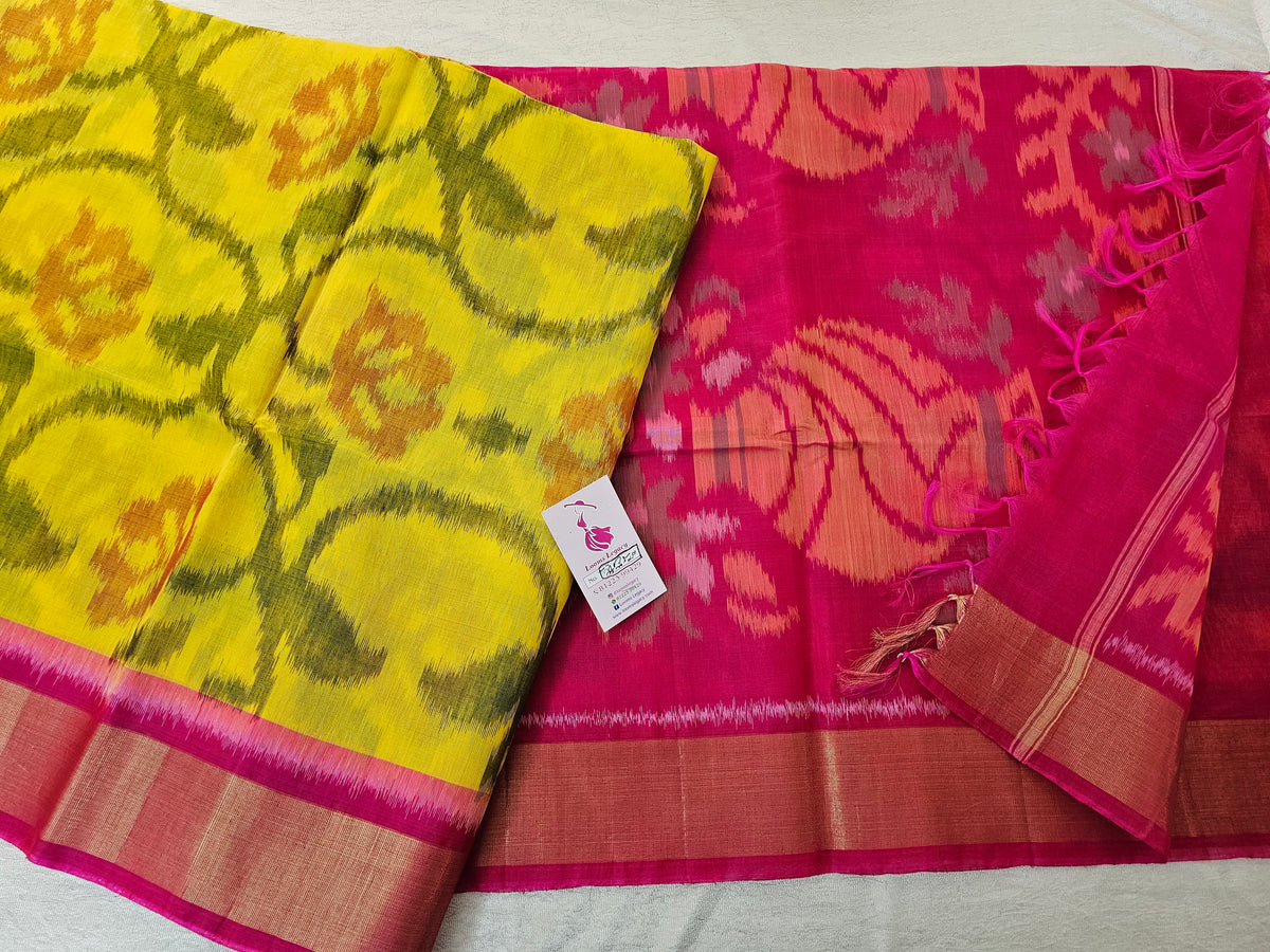 Yellow with Pink Pochampally Ikkat Silk Cotton (SICO Pattu)