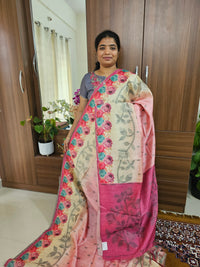 Semi Matka Tussar Digital Prints with Weaving Floral Border - Cream with Pink