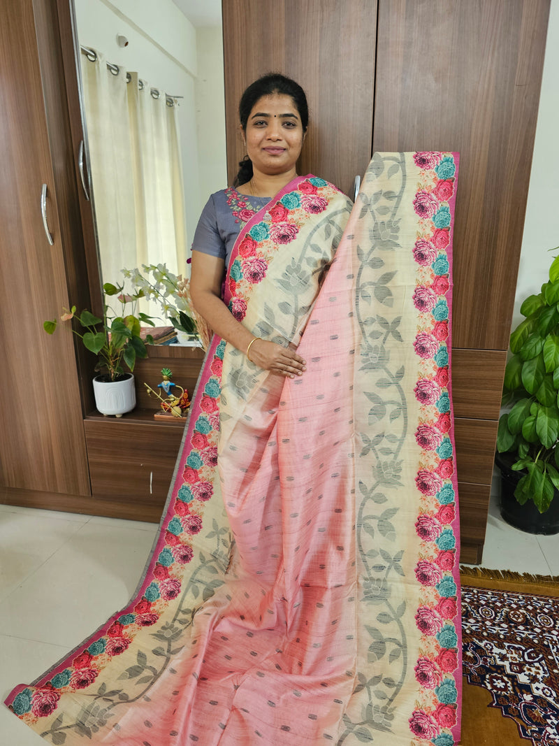 Semi Matka Tussar Digital Prints with Weaving Floral Border - Cream with Pink