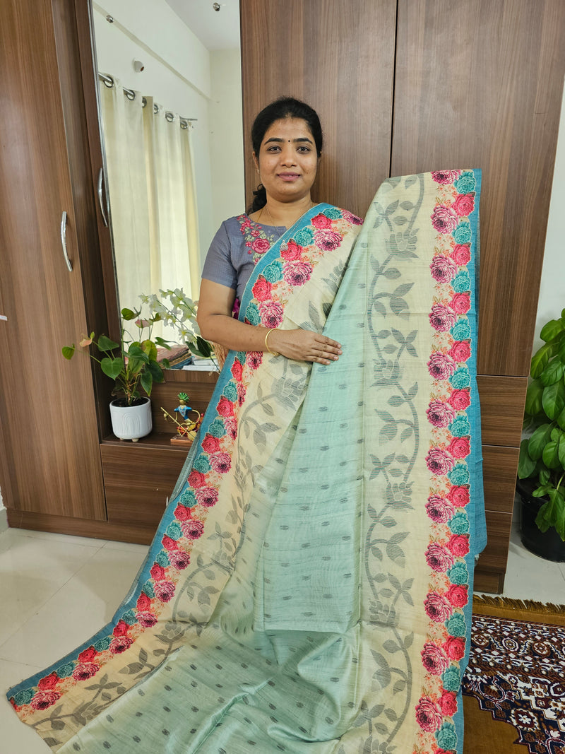 Semi Matka Tussar Digital Prints with Weaving Floral Border - Cream with Blue