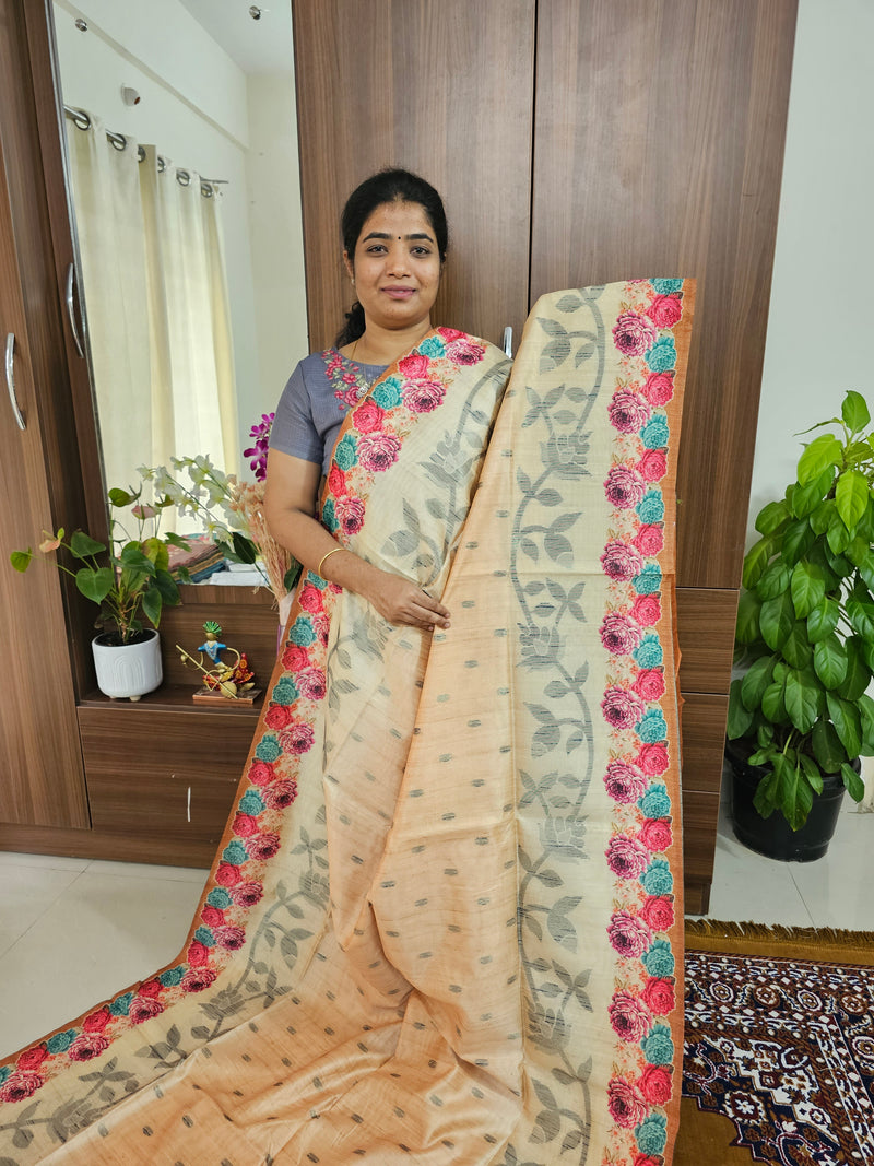 Semi Matka Tussar Digital Prints with Weaving Floral Border - Cream with Honey Brown