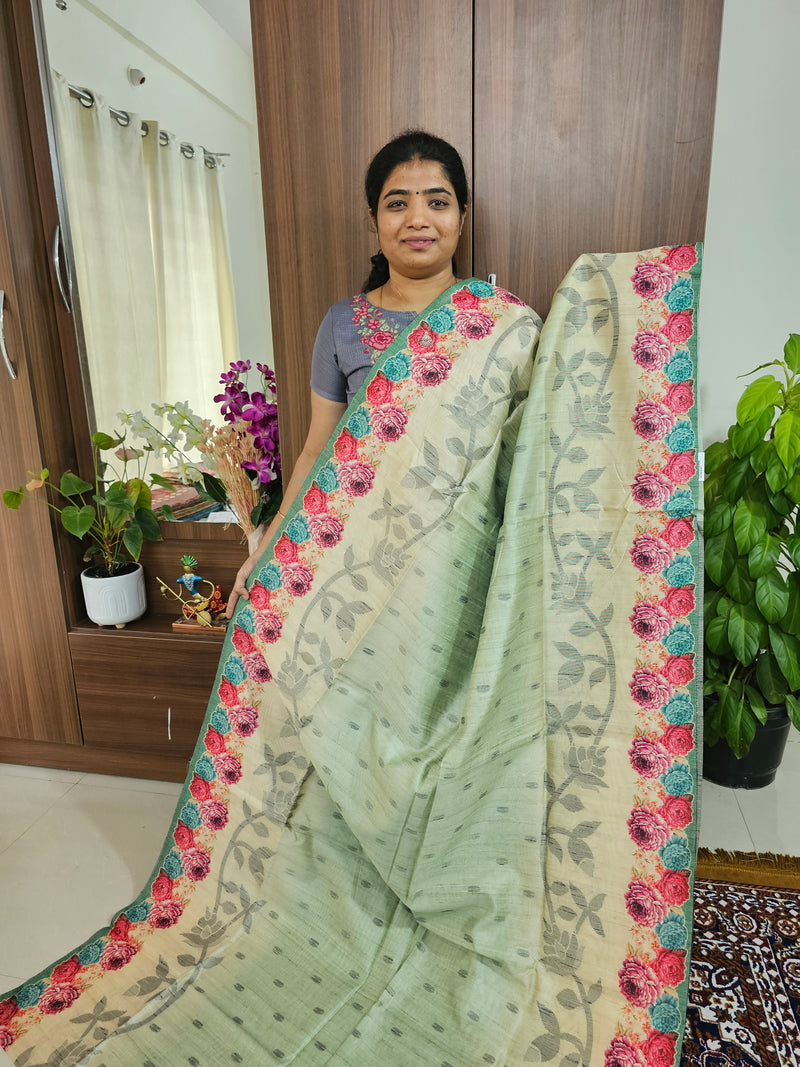 Semi Matka Tussar Digital Prints with Weaving Floral Border - Cream with Sea Green