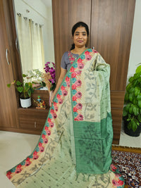 Semi Matka Tussar Digital Prints with Weaving Floral Border - Cream with Sea Green