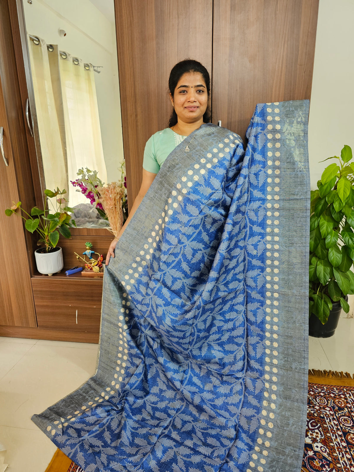 Semi Matka Tussar Digital Prints with Weaving Floral Border - Blue