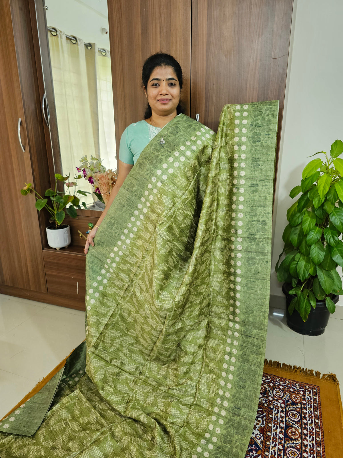 Semi Matka Tussar Digital Prints with Weaving Floral Border - Green