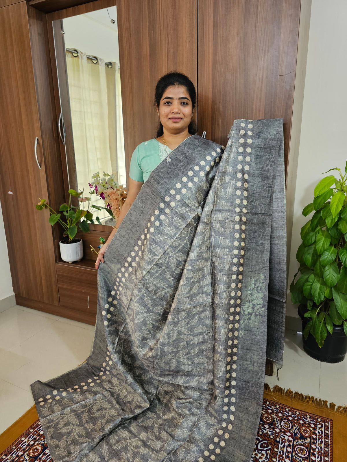 Semi Matka Tussar Digital Prints with Weaving Floral Border - Grey