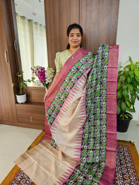 Cream with Pink Handwoven Tussar Silk Saree with Zari Border