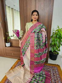 Cream with Pink Handwoven Tussar Silk Saree with Zari Border