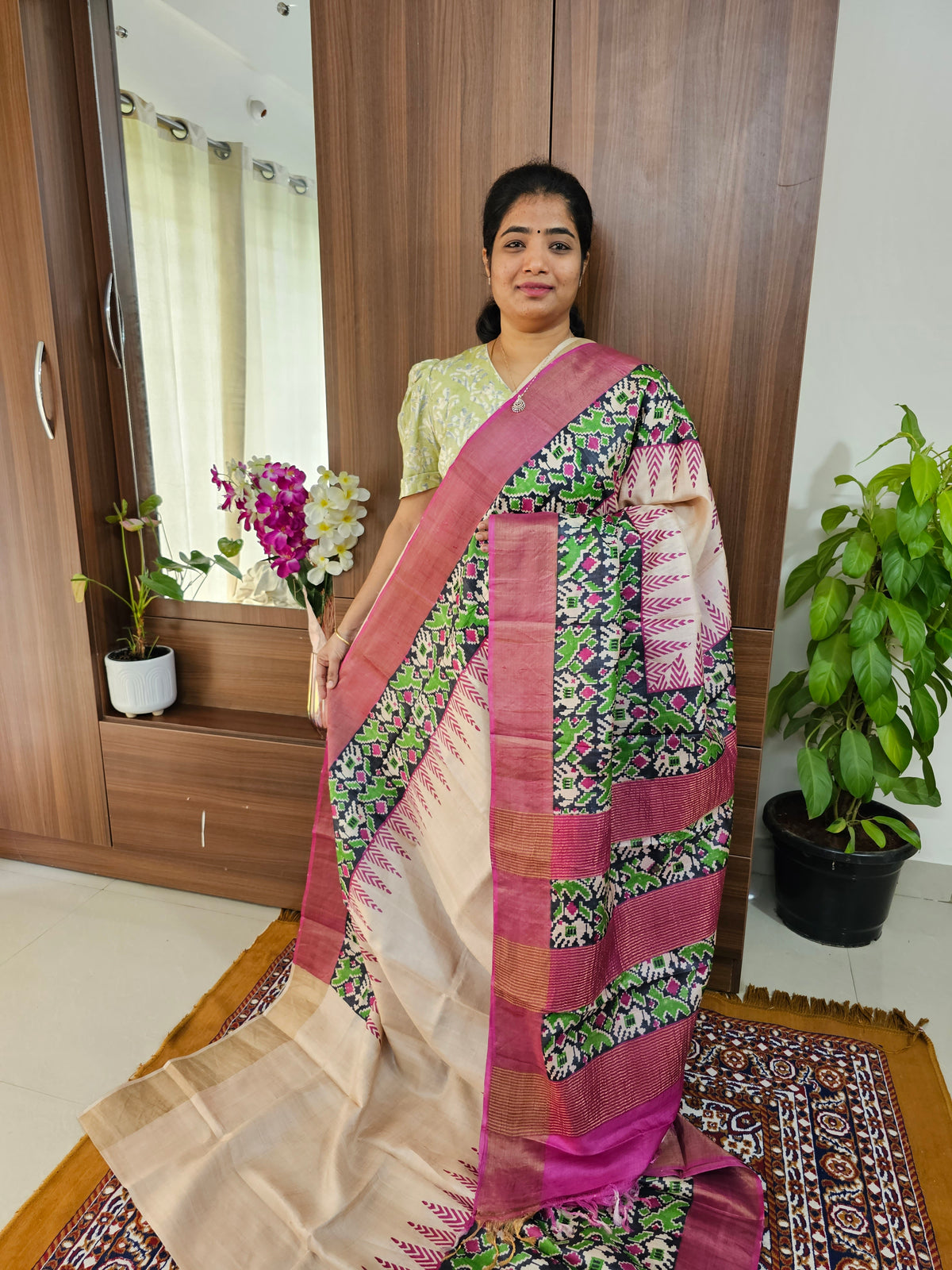 Cream with Pink Handwoven Tussar Silk Saree with Zari Border